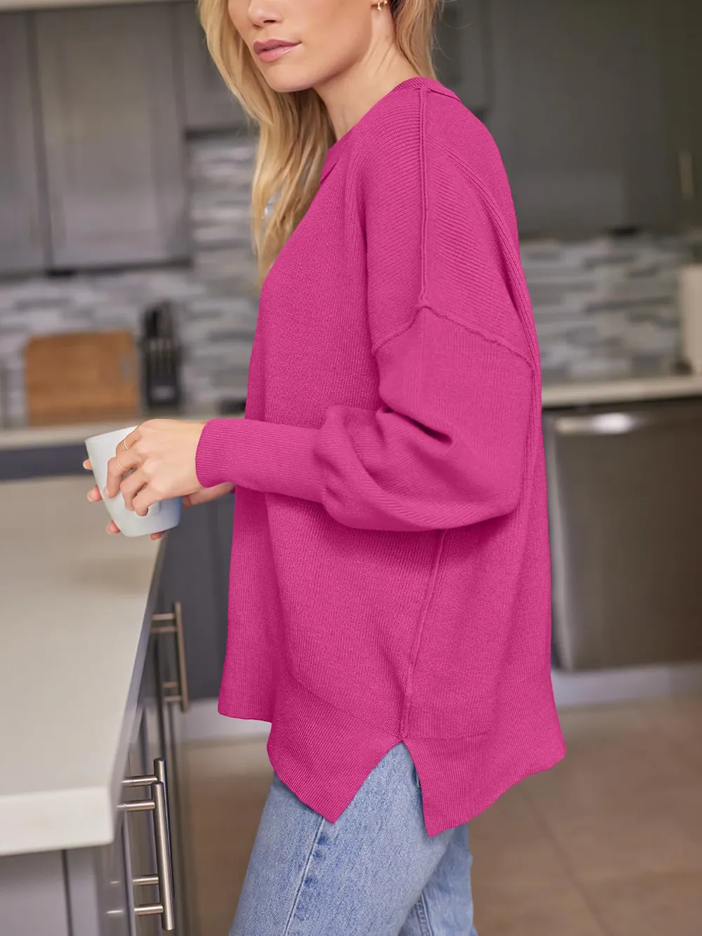 Slit Round Neck Dropped Shoulder Sweater, image 31