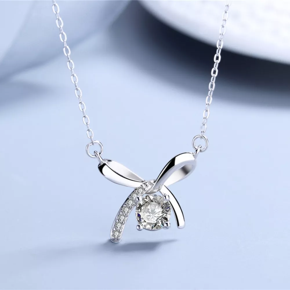 925 Sterling Silver Zircon Ribbon Pendant Necklace, image 3