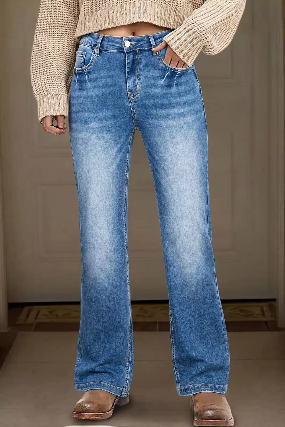 Acid Washed Straight Leg Full Length Casual Jeans