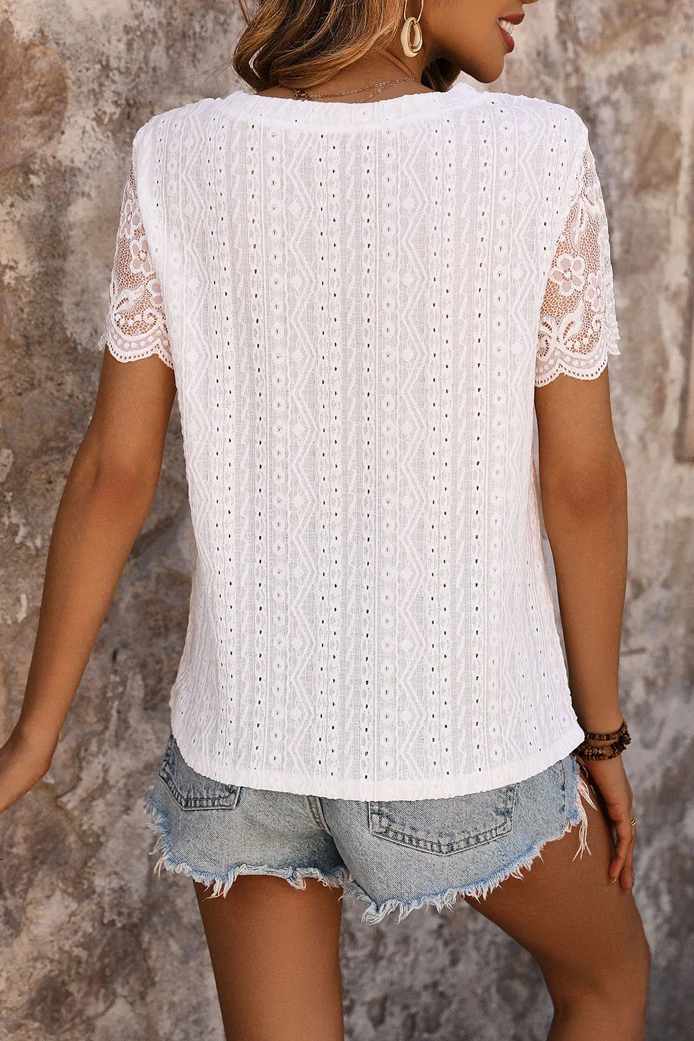 Eyelet Round Neck Short Sleeve T-Shirt, image 3
