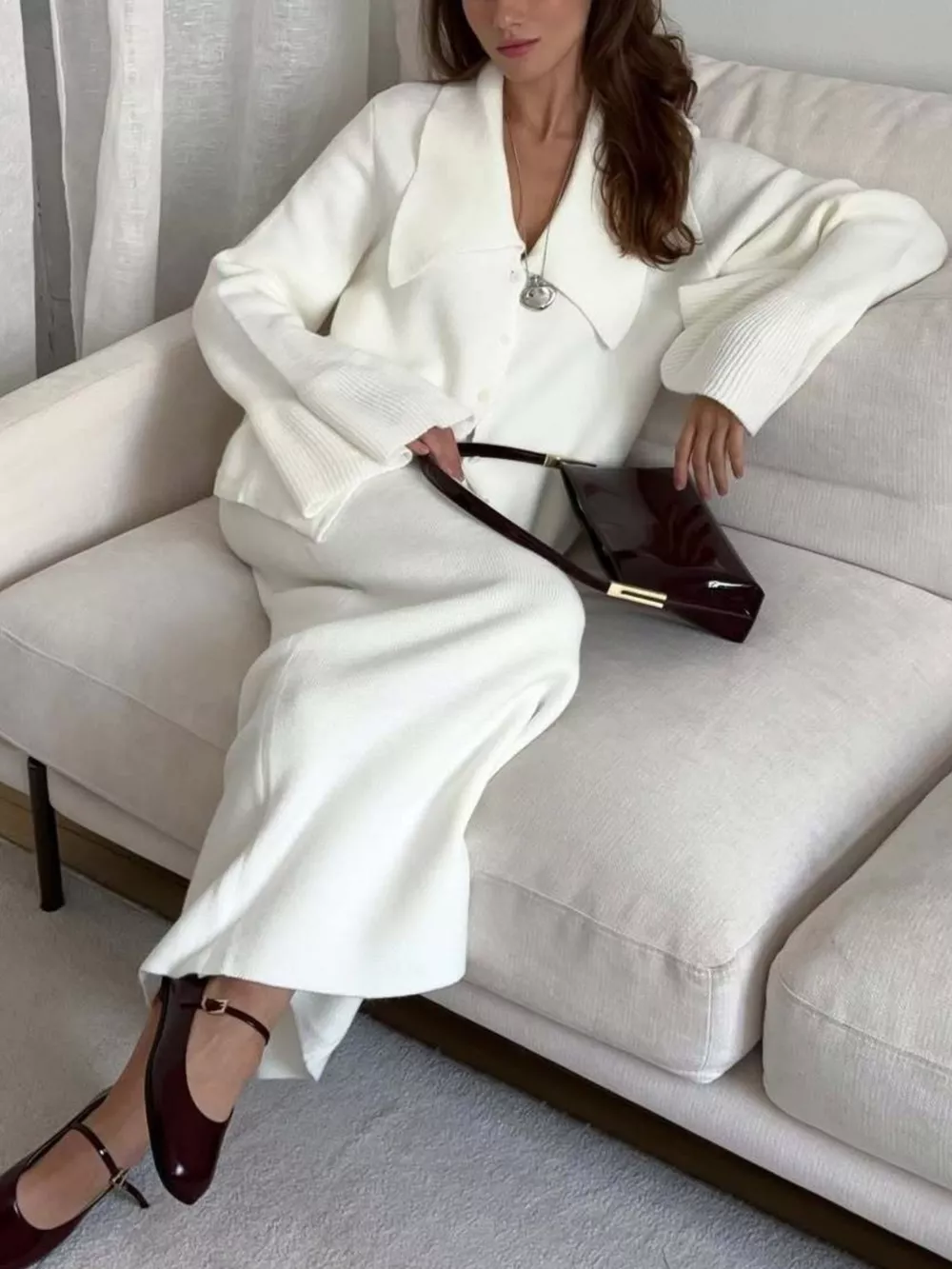 Button Down Long Sleeve Cardigan and Skirt Knit Set, image 4