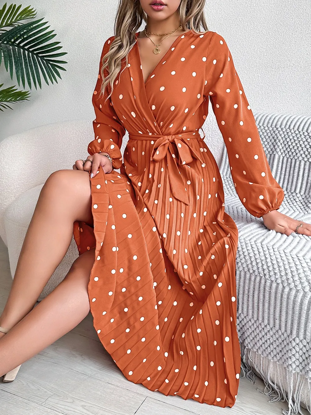 Tied Polka Dot Long Sleeve Midi Dress, image 10