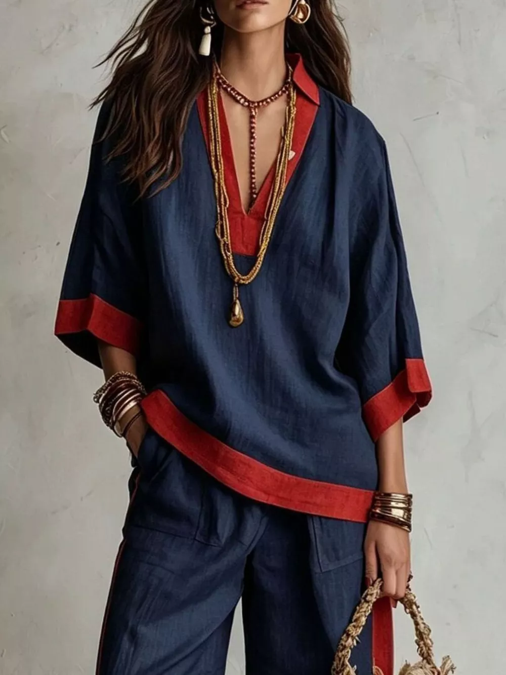 Full Size Contrast Trim Top and Wide Leg Pants Set Plus Size, image 11