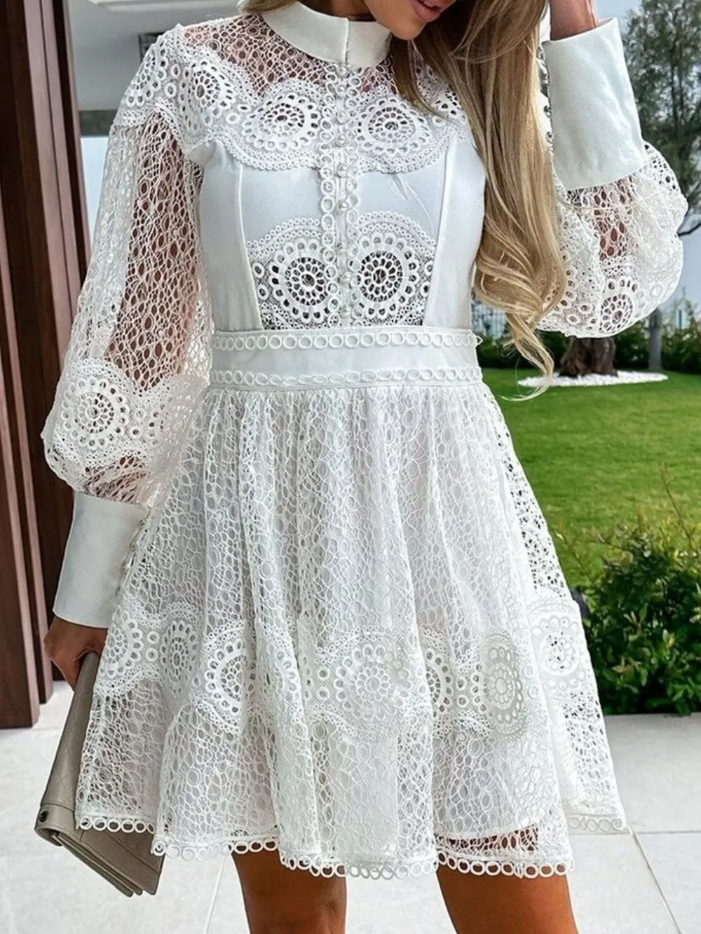 Lace Lantern Sleeve Mini Dress, image 6