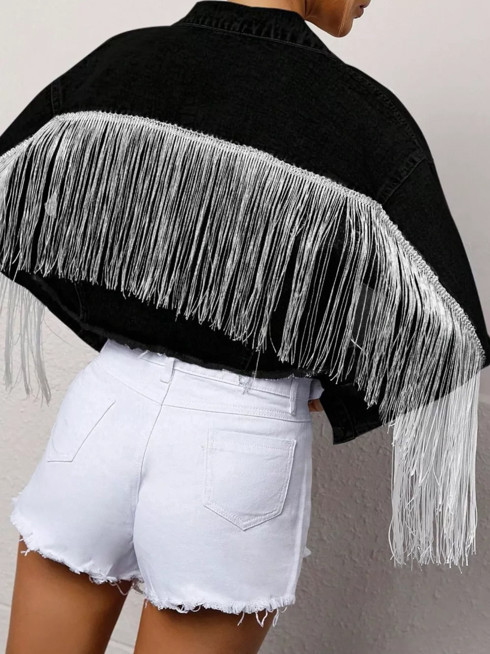 Fringe Button Up Cropped Denim Jacket, image 2