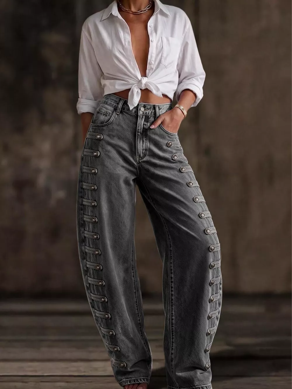Decorative Button Wide Leg Jeans, image 29