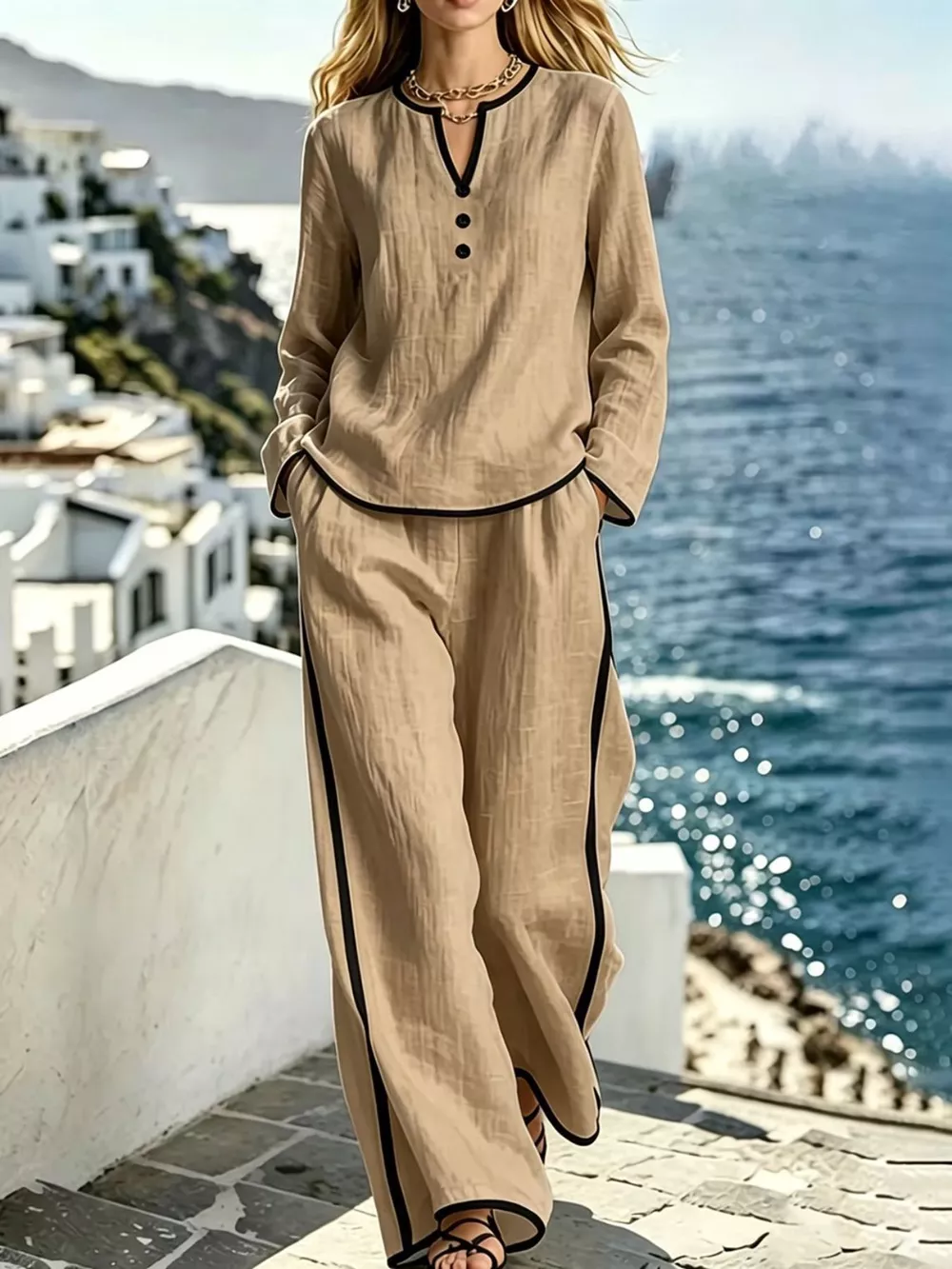 Contrast Trim Long Sleeve Top and Pants Set, image 7