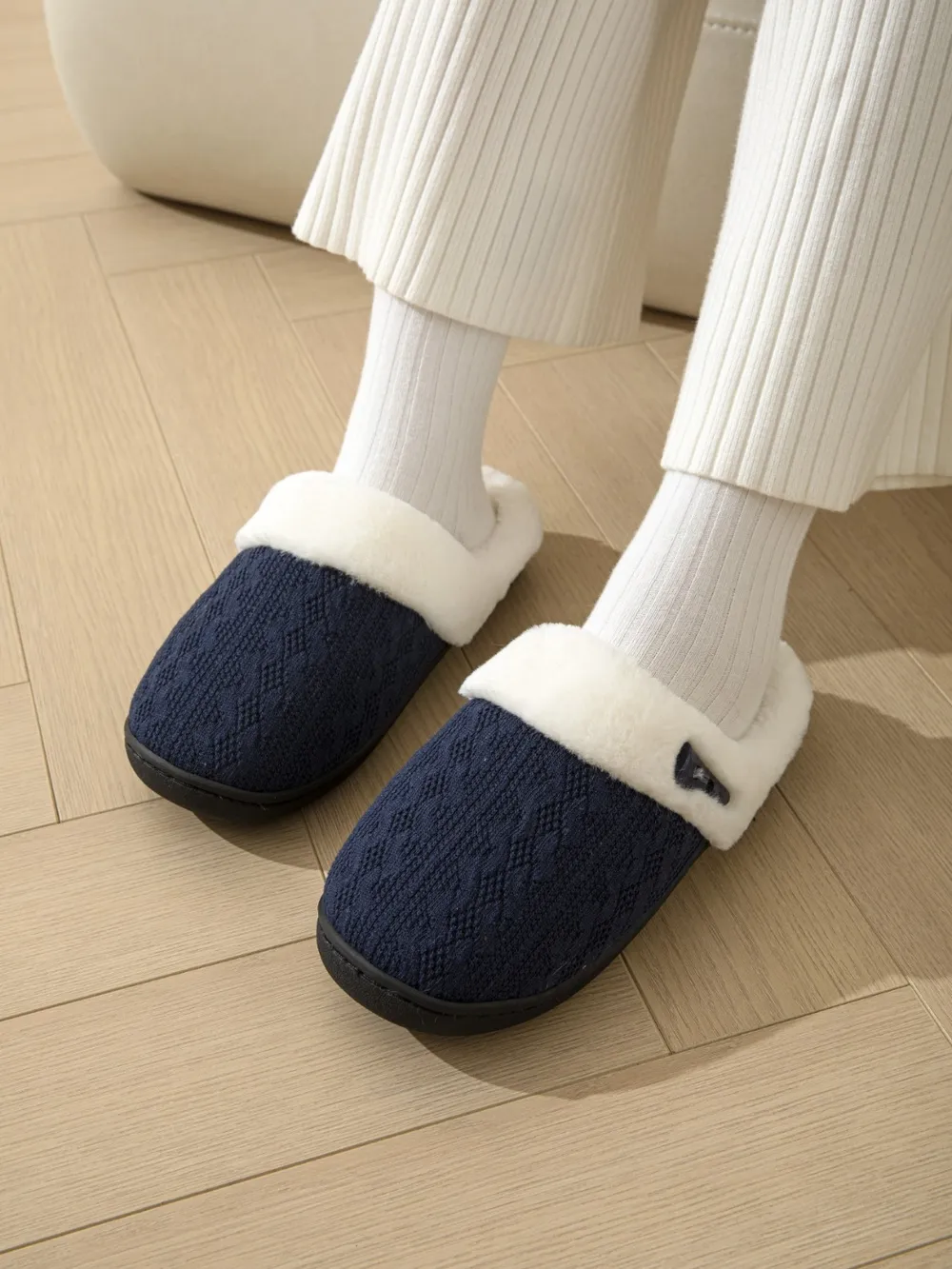 Horn Buckle Furry Texture Flat Slippers, image 8