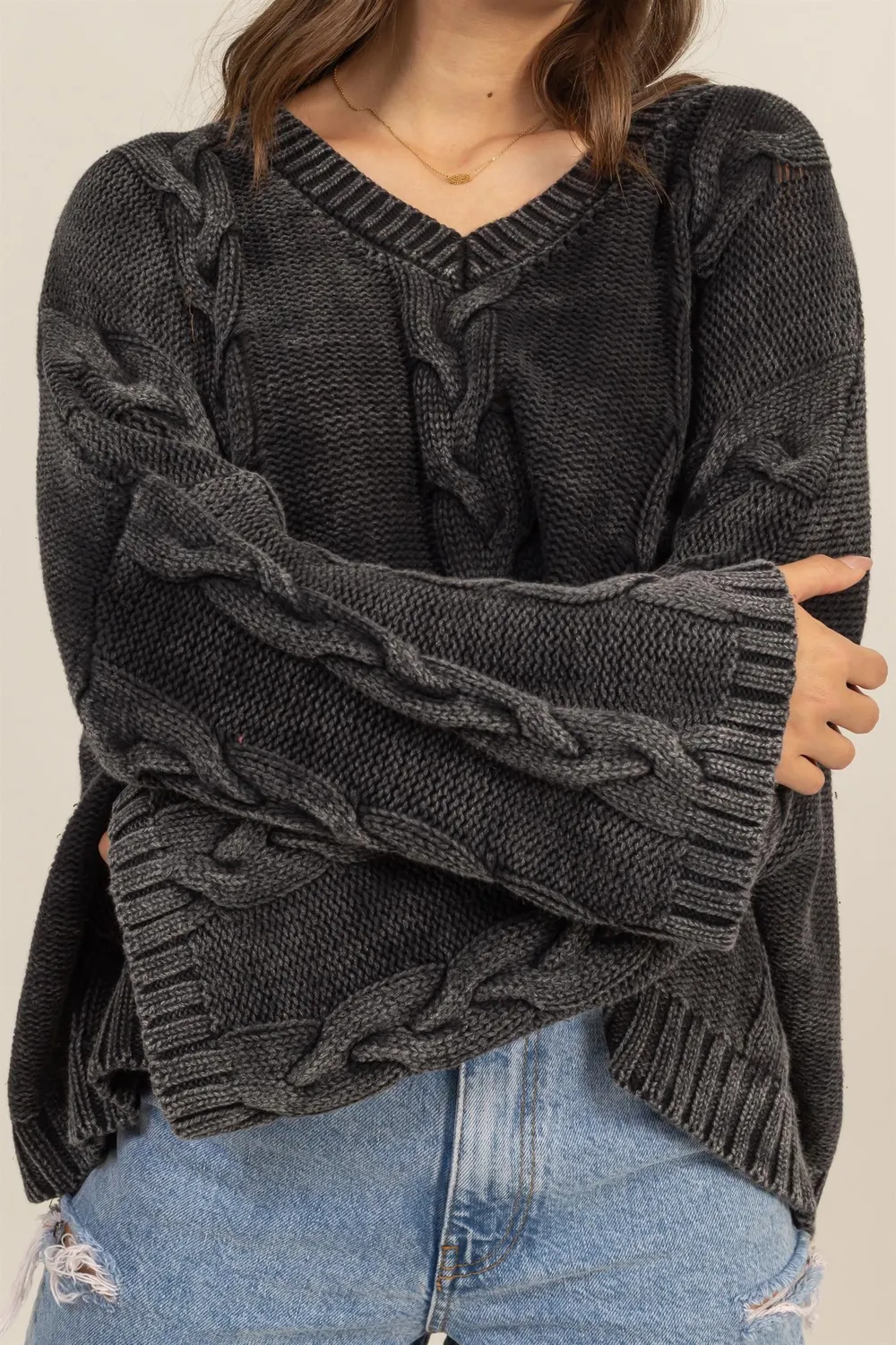 Cable Knit V-Neck Dropped Shoulder Oversized Sweater, image 3