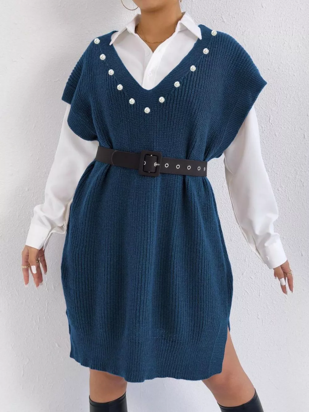 Slit V-Neck Sweater Dress, image 9