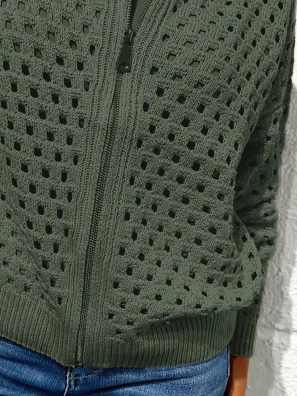 Full Size Zip Up Long Sleeve Cardigan with Eyelet Detail Plus Size, image 8