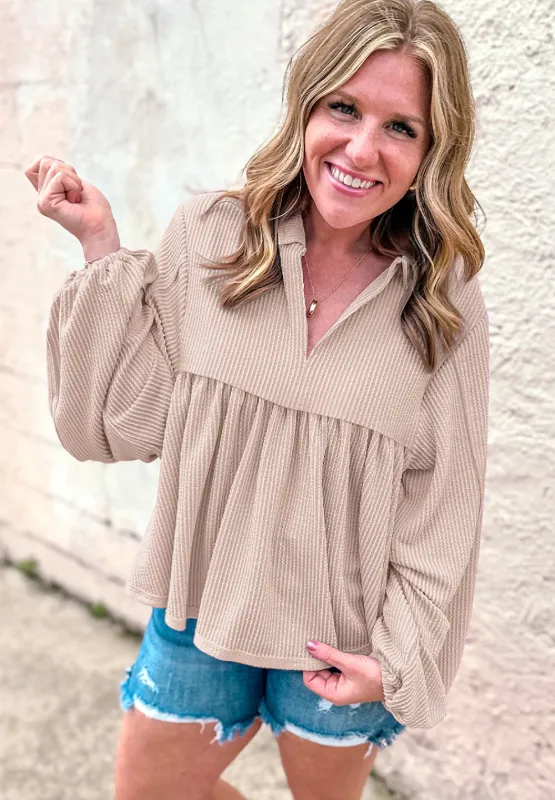 Corded Johnny Collar Long Sleeve Babydoll Blouse, image 8
