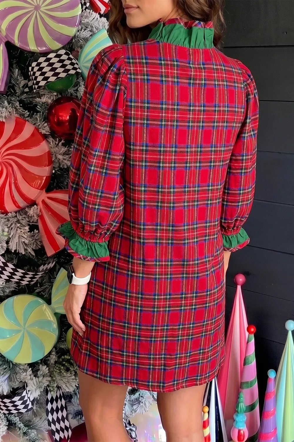 Plaid Ruffle Cuff Button Front Pocket Mini Dress, image 2