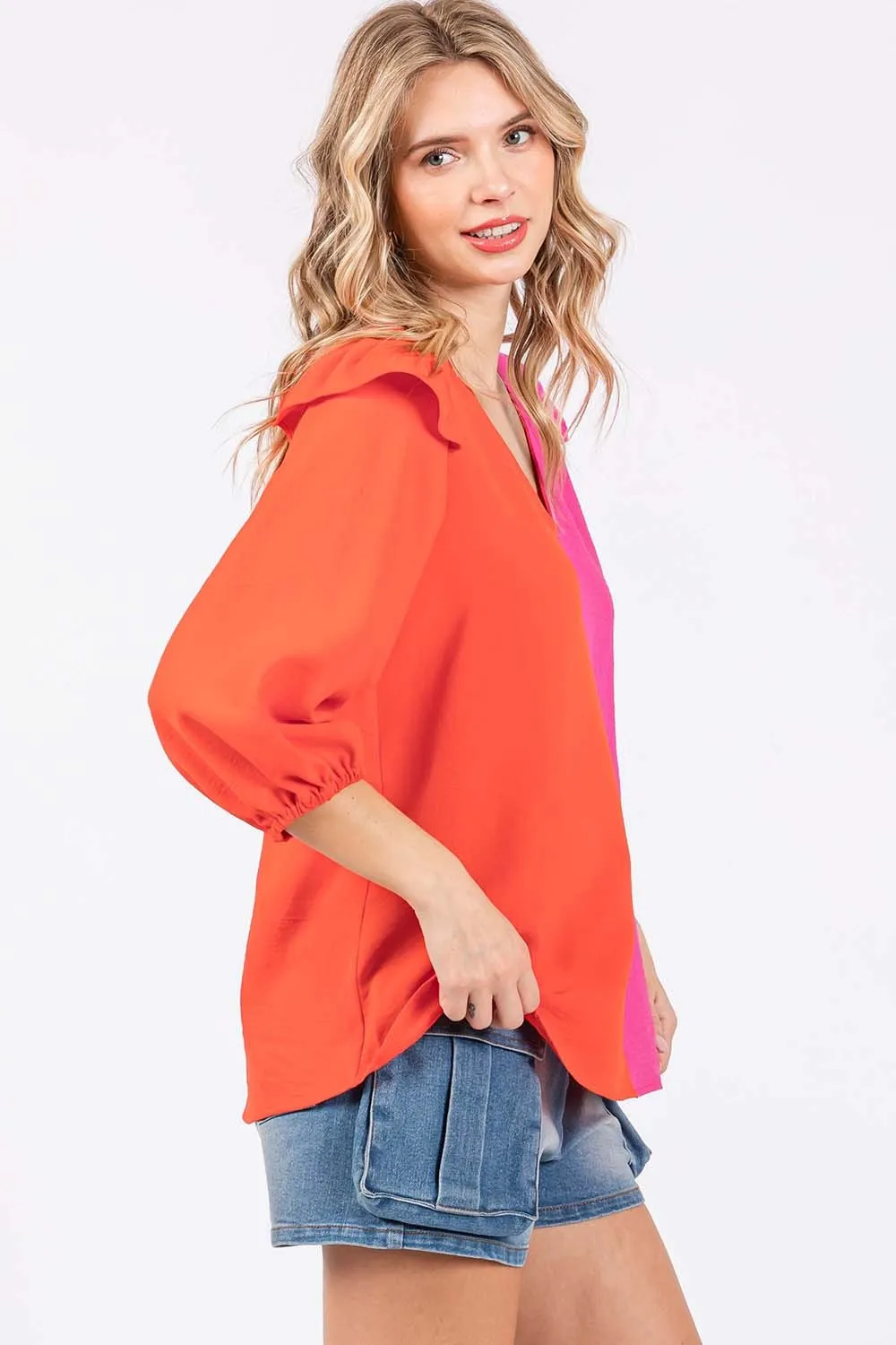 Full Size Ruffle Trim Contrast Blouse, image 3
