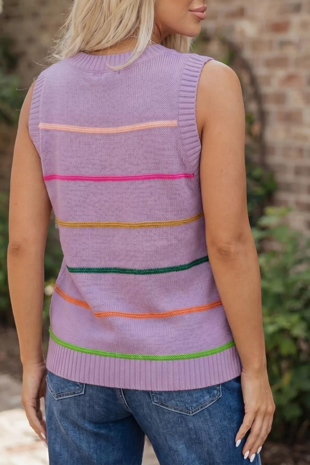Stripe Round Neck Knitted Sweater Tank, image 2