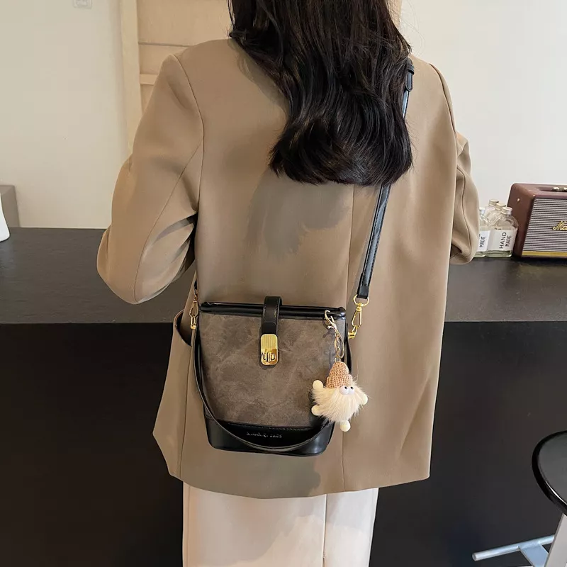 Vintage Bucket Crossbody Bag with Plush Charm, image 2