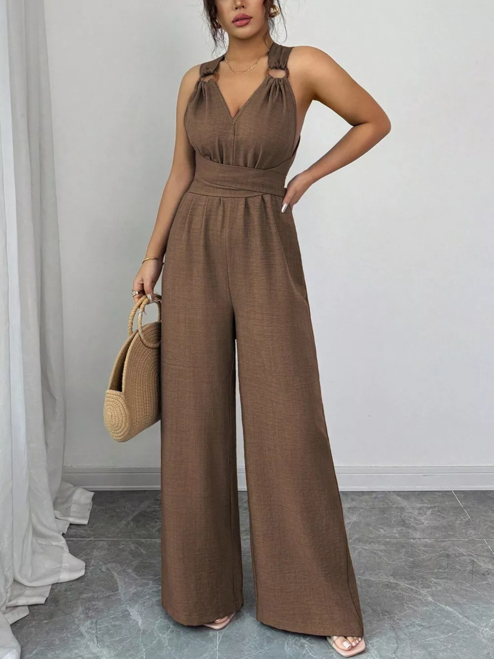 Sleeveless V-Neck Wide-Leg Jumpsuit with O-Ring Detail, image 10