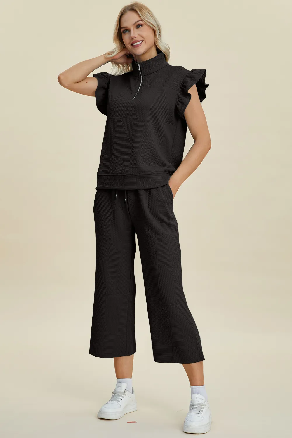 Full Size Texture Ruffle Short Sleeve Top and Wide Leg Pants Set, image 3