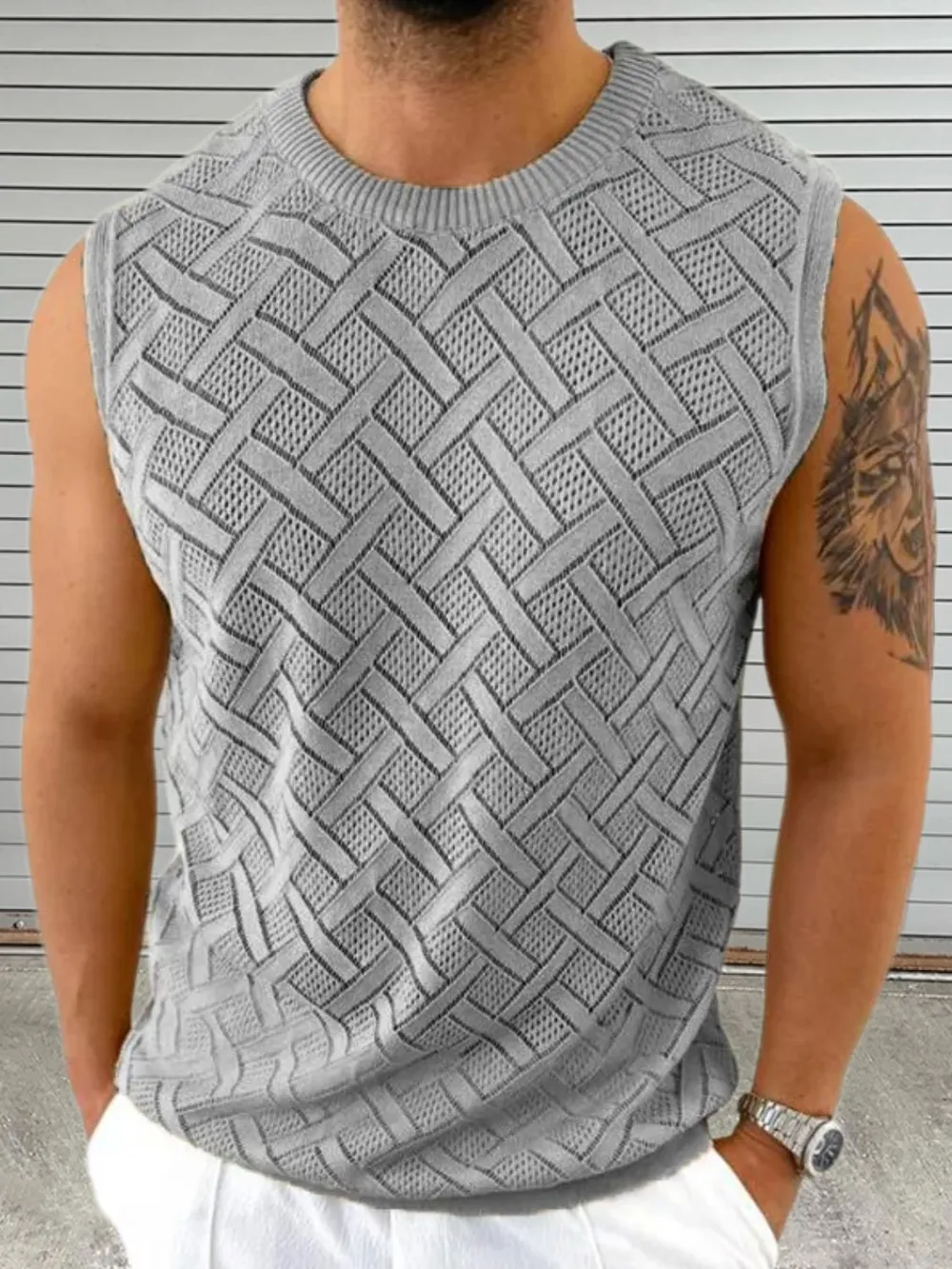 Men's Round Neck Sleeveless Eyelet Knit Top, image 2