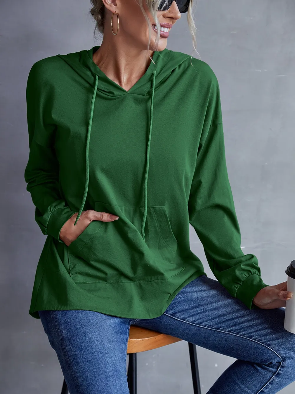 Drawstring Pocketed Dropped Shoulder Hoodie, image 15