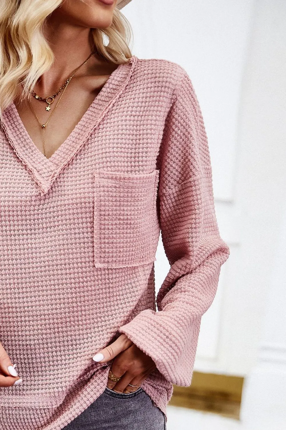 Waffle-Knit V-Neck Long Sleeve Top, image 5