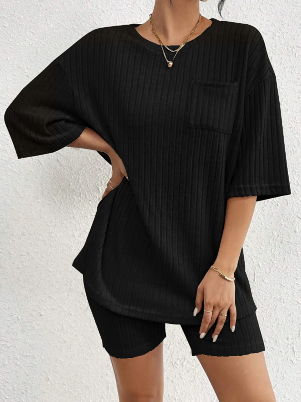 Ribbed Round Neck Top and Shorts Set, image 9