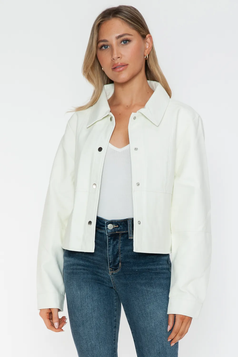Snap Down Long Sleeve PU Leather Jacket, image 3