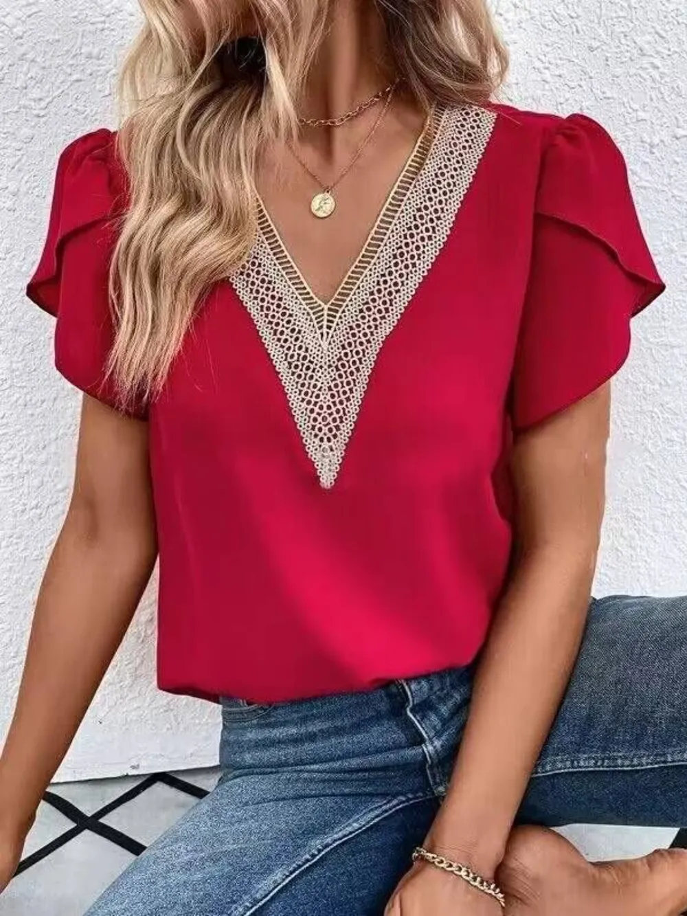 V-Neck Petal Sleeve Blouse, image 4