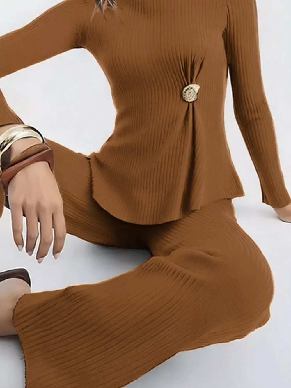 Ribbed Knit Round Neck Top and Pants Sweater Set, image 9