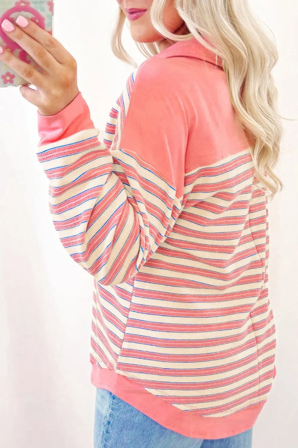 Striped Johnny Collar Long Sleeve Sweatshirt, image 3