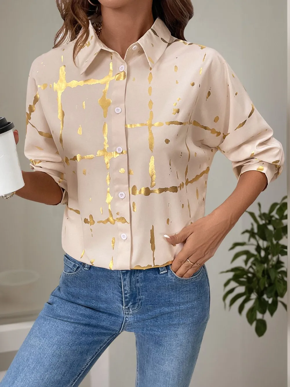 Printed Collared Neck Long Sleeve Shirt, image 2