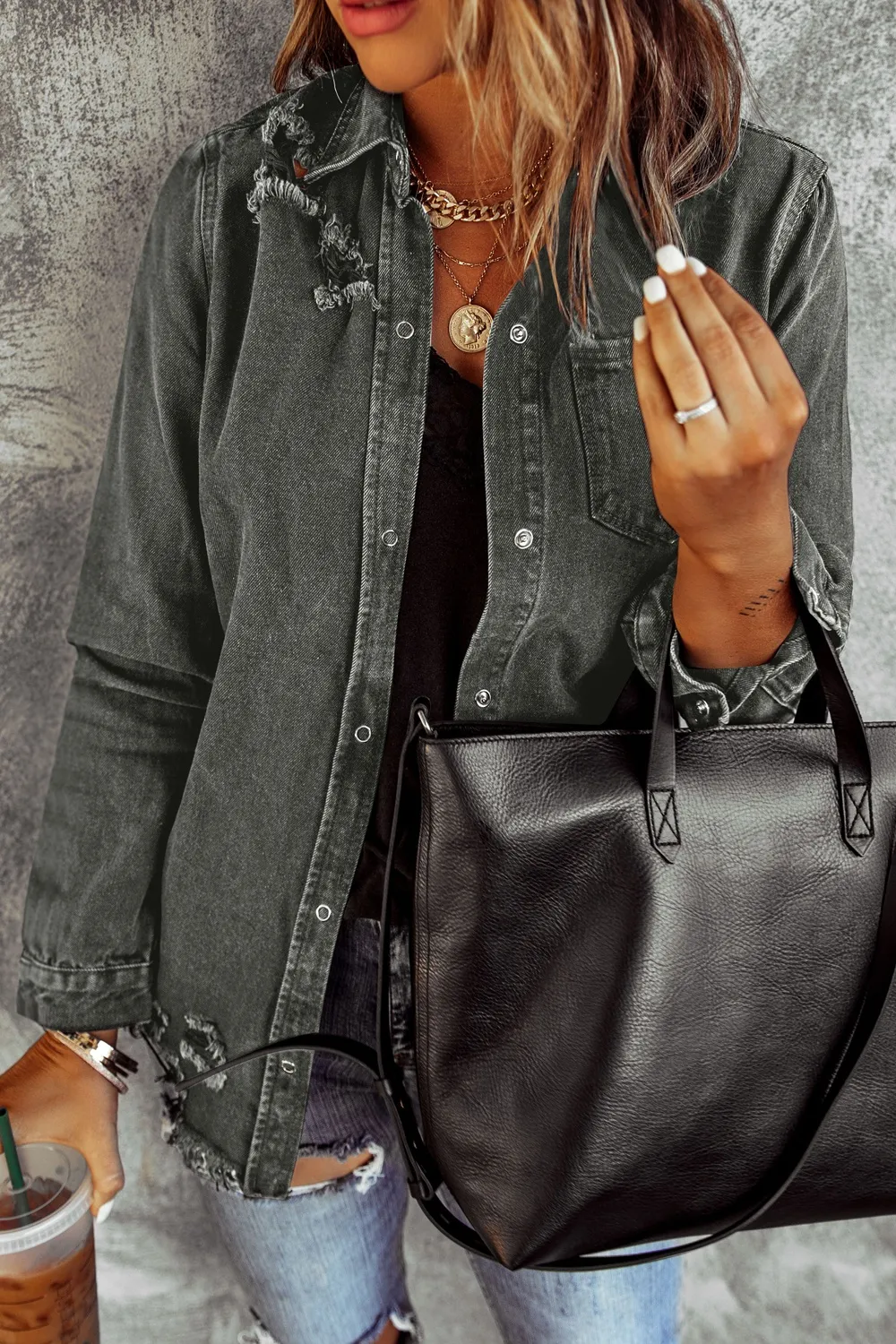 Distressed Raw Hem Snap Down Denim Jacket, image 4
