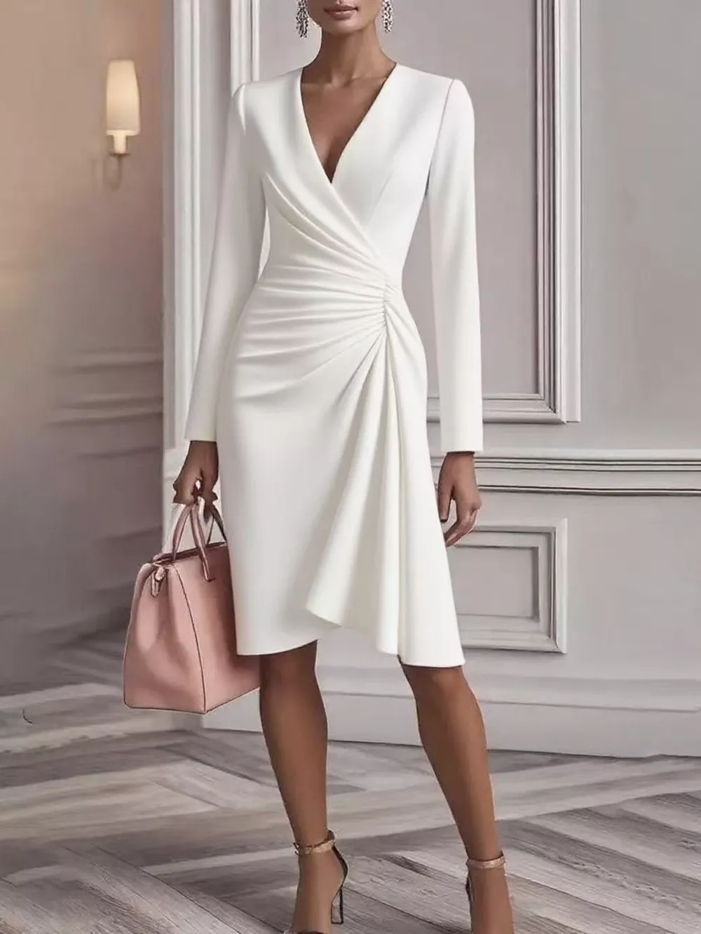 Front Ruched V-Neck Long Sleeve Dress, image 2