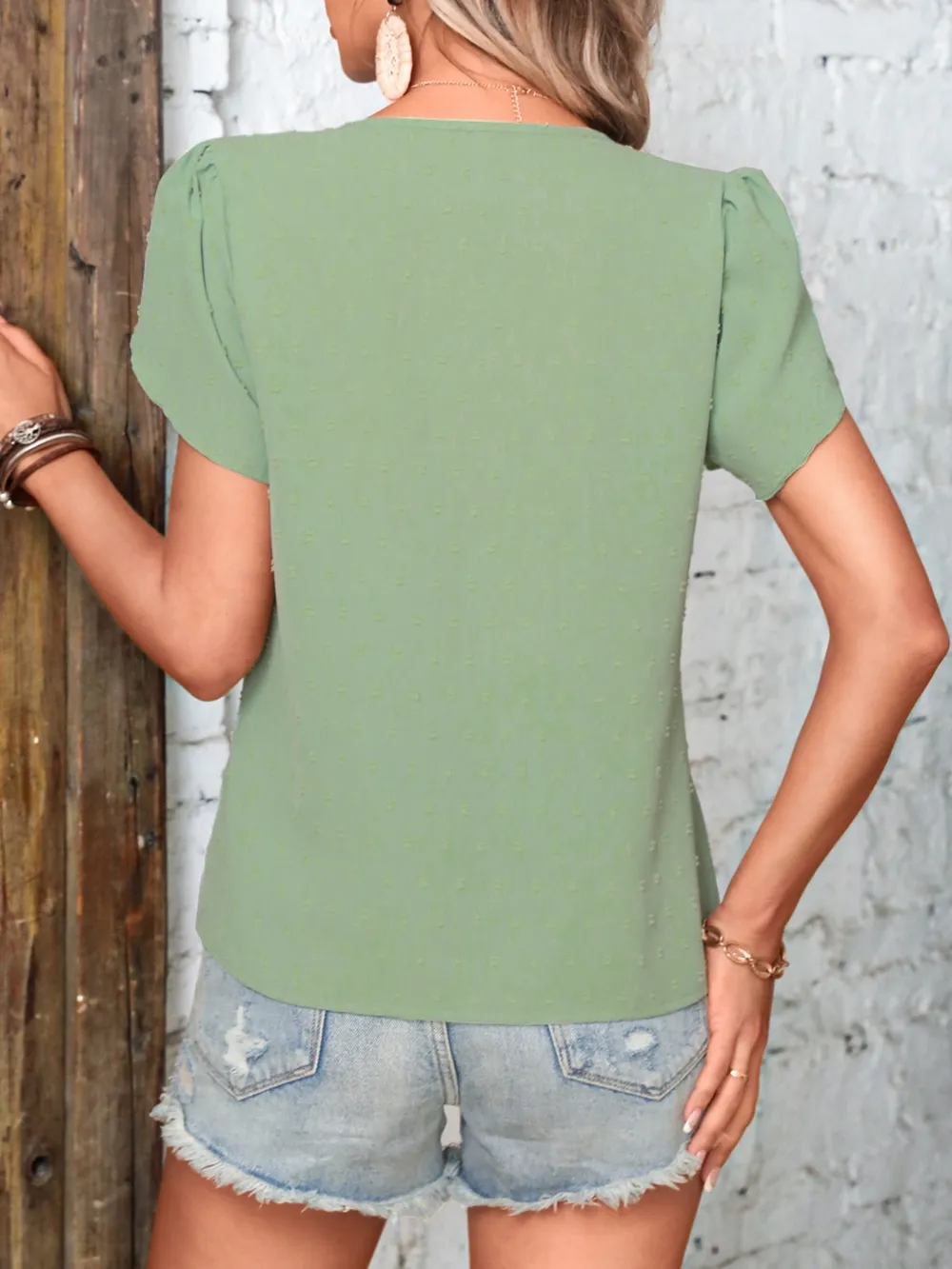 Swiss Dot V-Neck Petal Sleeve Blouse, image 5