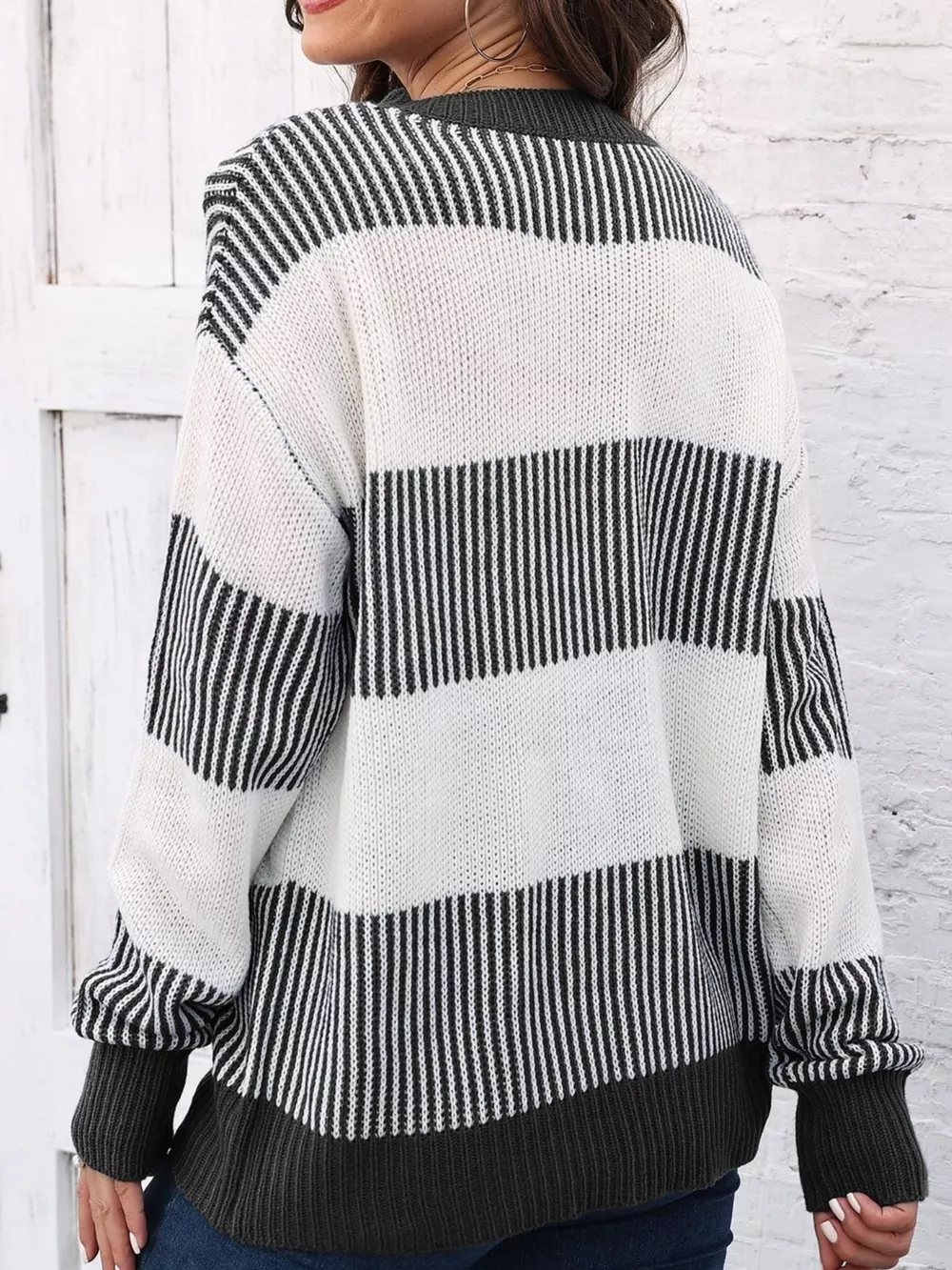 Full Size Striped Color Block Crew Neck Sweater Plus Size, image 12