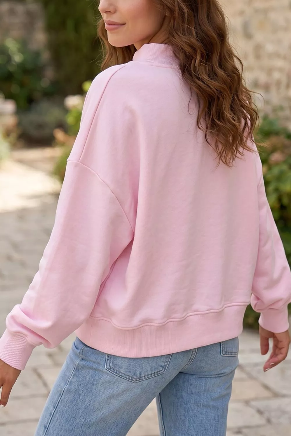 Embroidered Long Sleeve Stand Neck Shift Pullover Sweatshirt, image 3