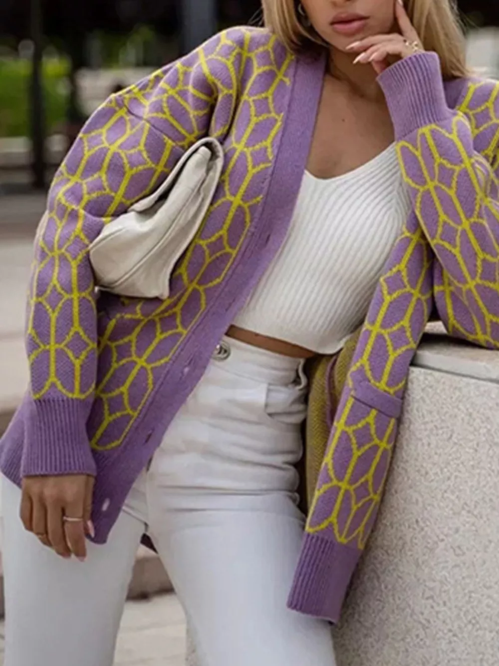 Geometric Patterned Button-Down Cardigan, image 5