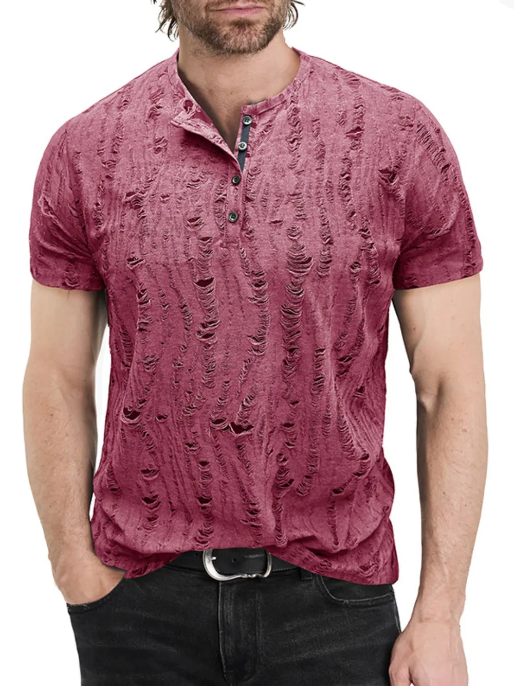 Men's Distressed Henley Short Sleeve Top, image 6