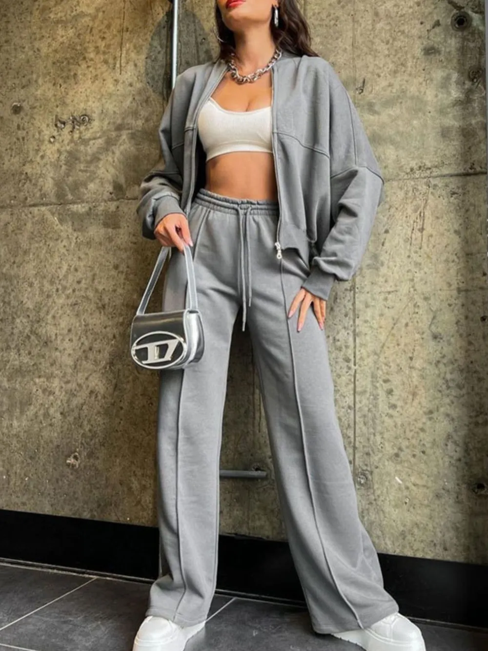 Baseball Collar Zip Up Top and Drawstring Paants Set, image 2