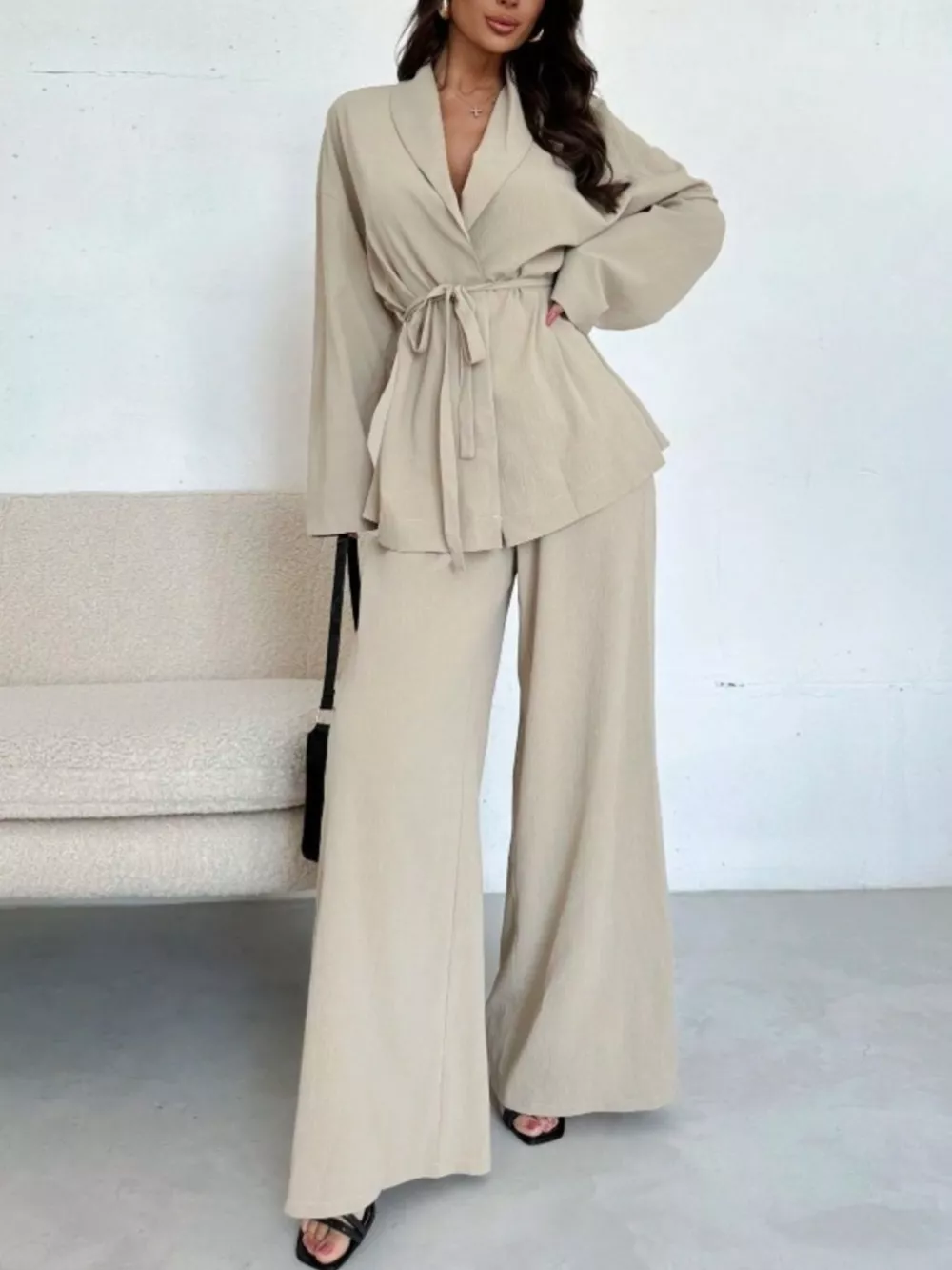 Textured Tie Waist Top and Wide-Leg Pants Set, image 4