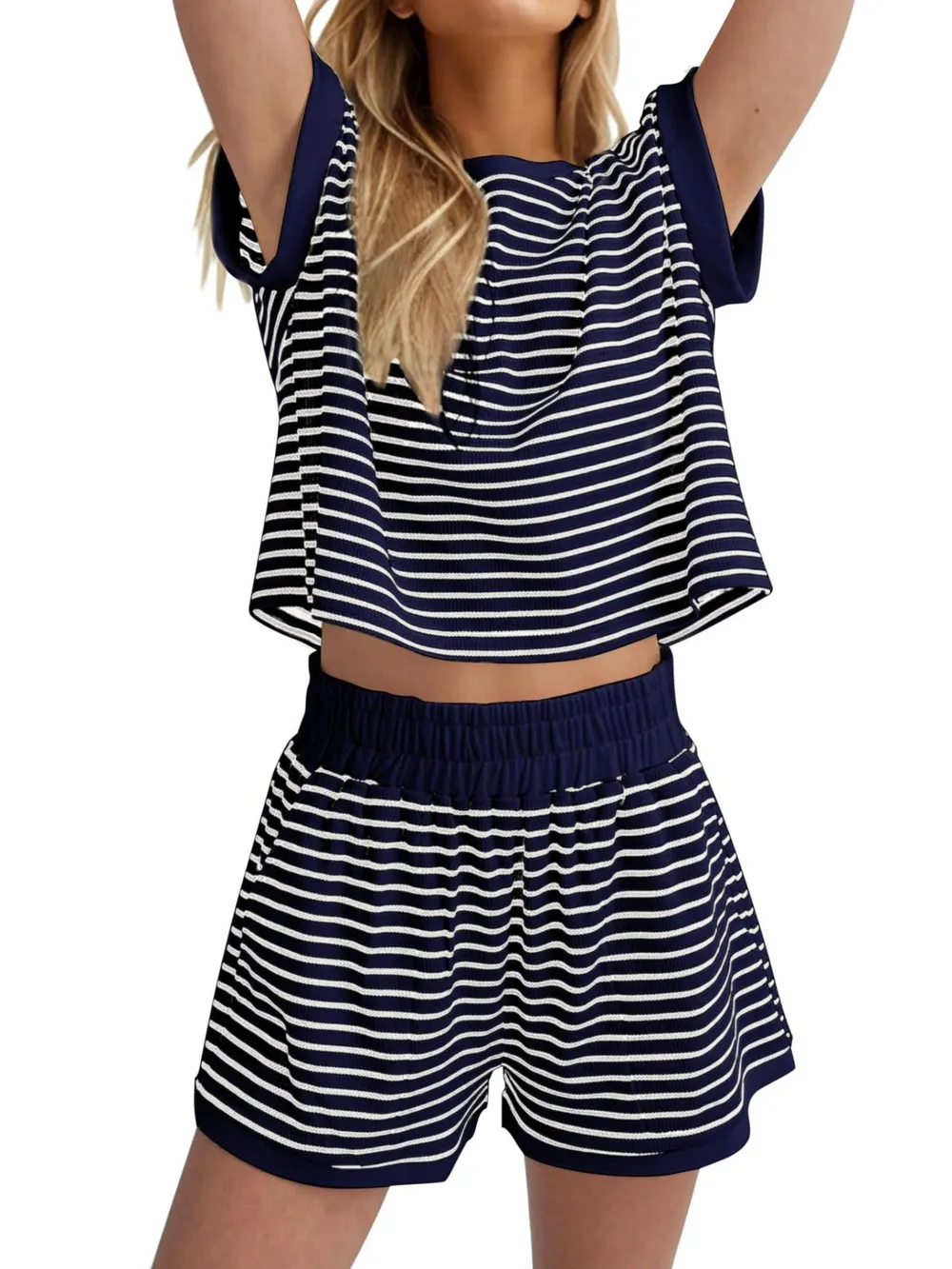 Full Size Contrast Striped T-Shirt and Shorts Set Plus Size, image 11