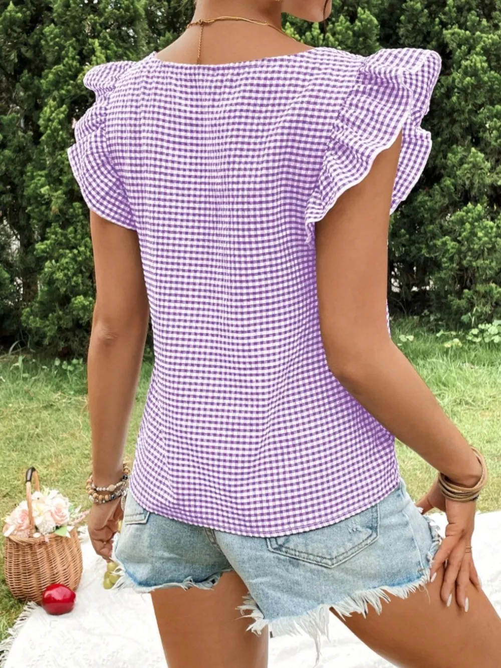 Gingham Ruffle Sleeve Square Neck Blouse, image 7