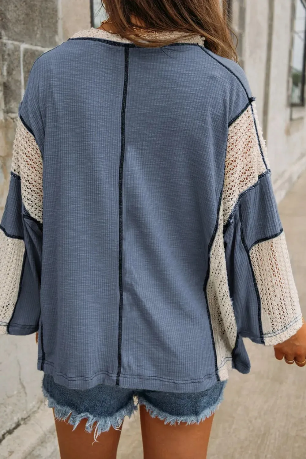 Lace Detail Contrast V-Neck Long Sleeve Blouse, image 3