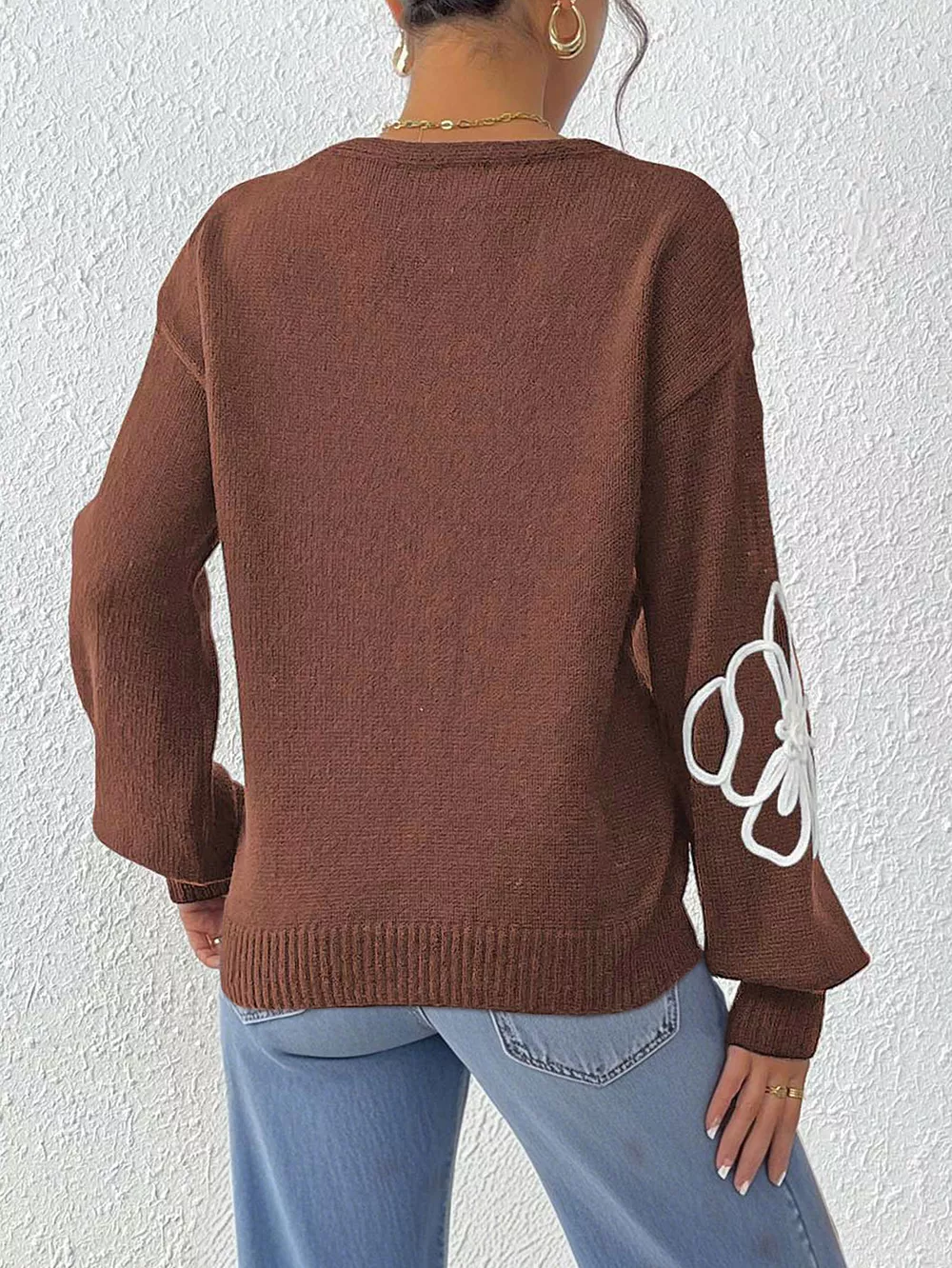 Flower V-Neck Long Sleeve Sweater, image 15