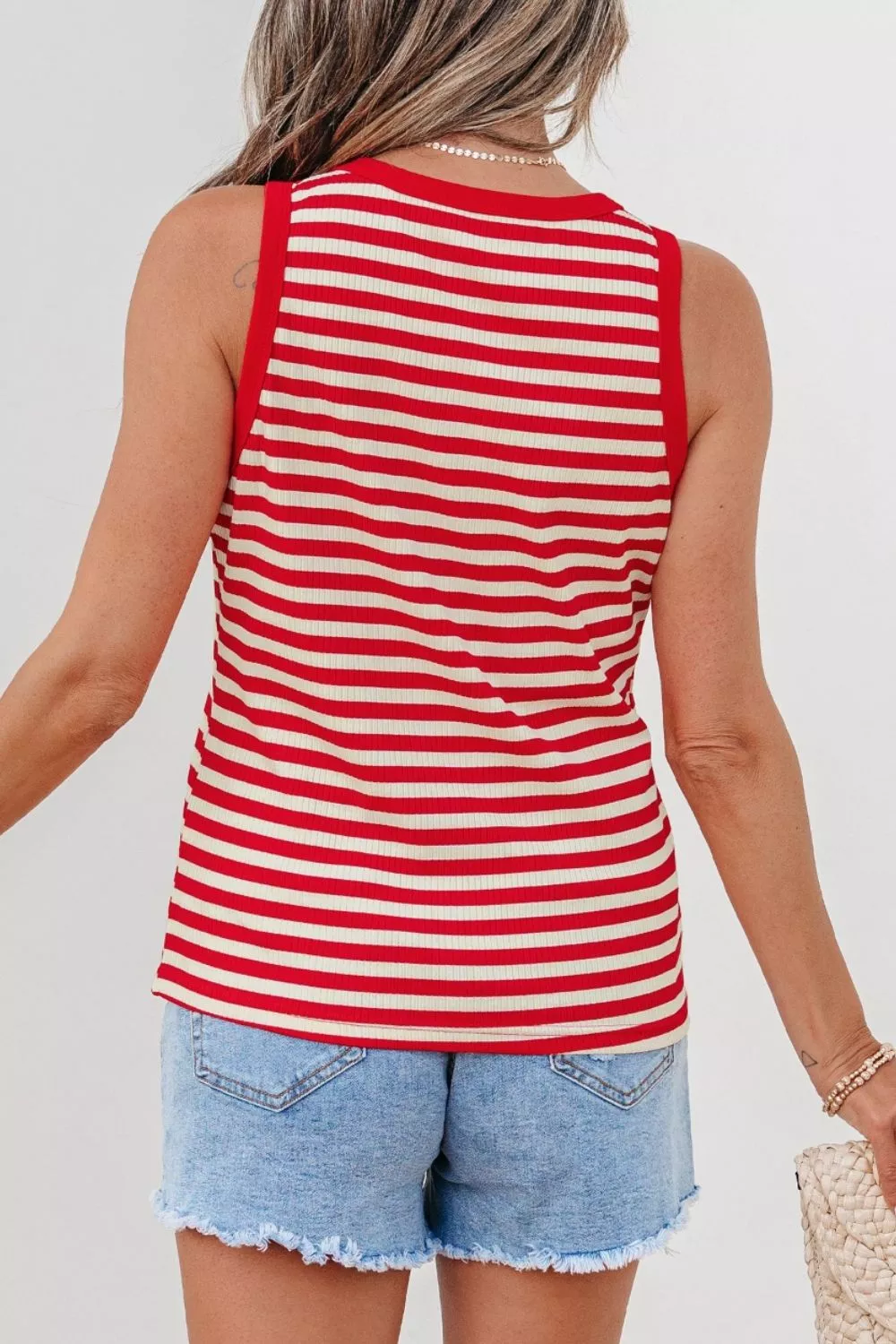 Stripe Buttoned Ribbed Knit Tank Top, image 2