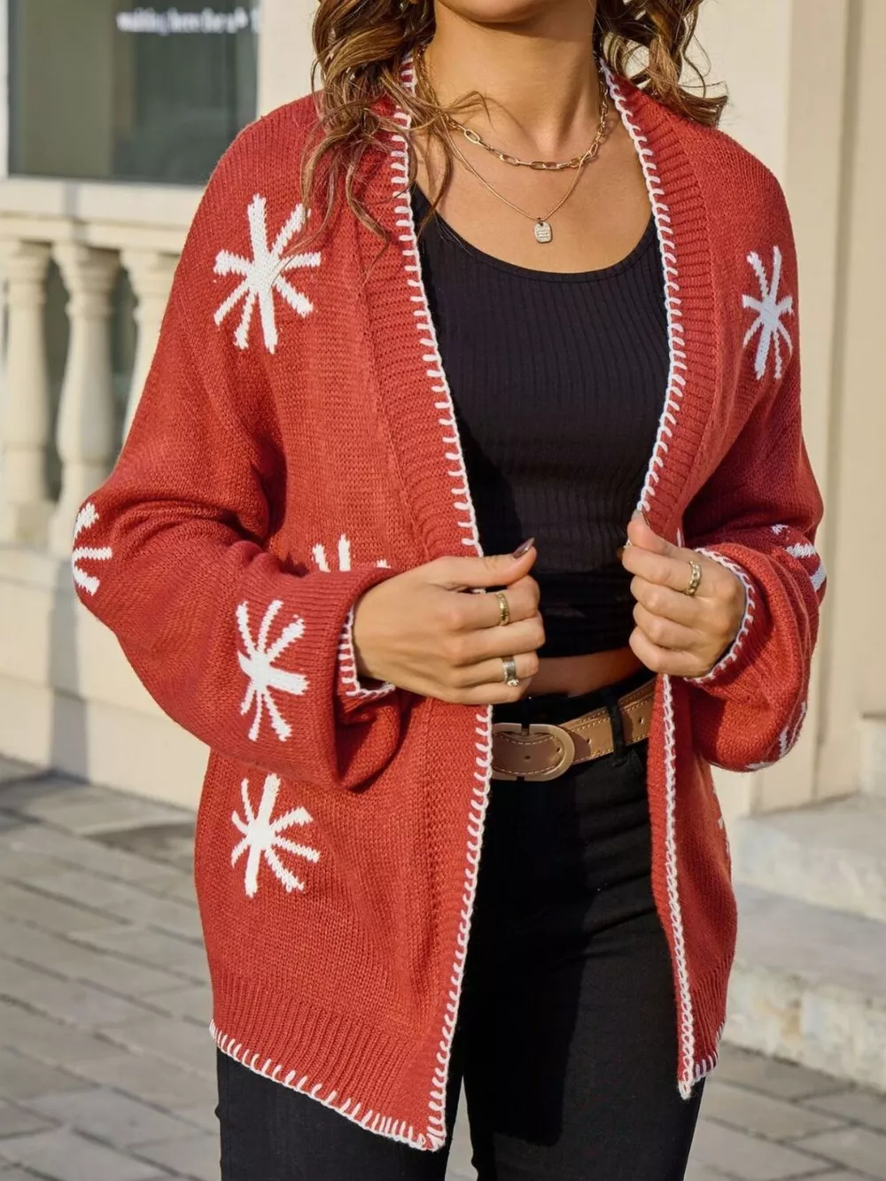 Flower Pattern Open Front Knit Cardigan, image 7
