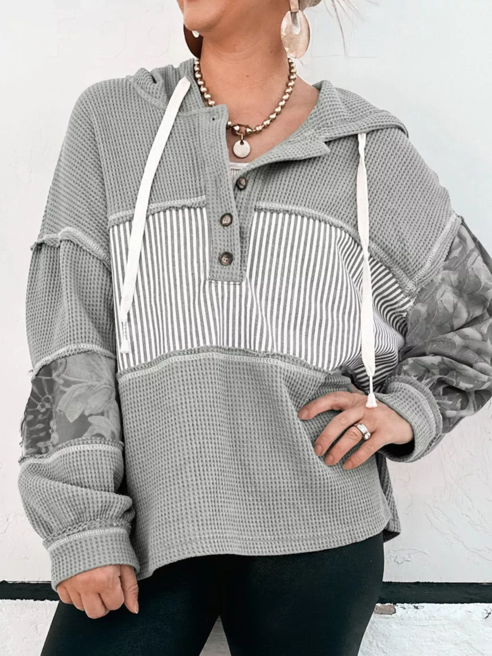 Waffle Knit Striped Drawstring Hoodie, image 2