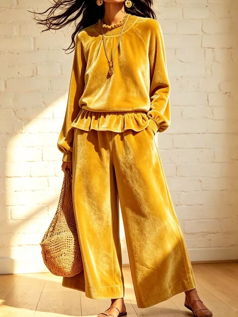 Velvet Peplum Top and Wide-Leg Pants Set, image 4