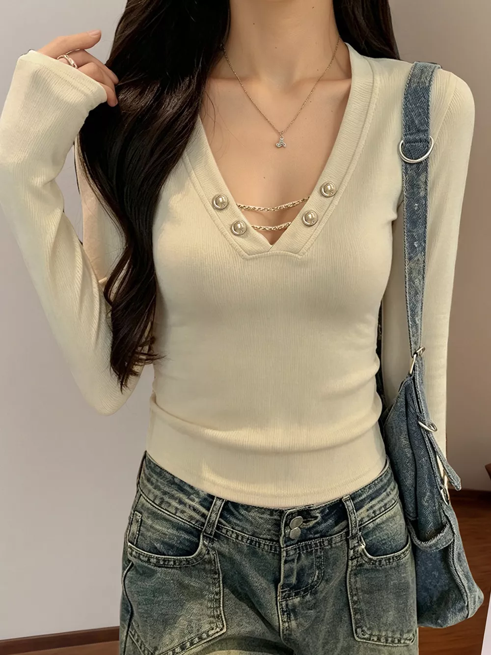 Decorative Pearl Buttons V-Neck Long Sleeve T-Shirt, image 2
