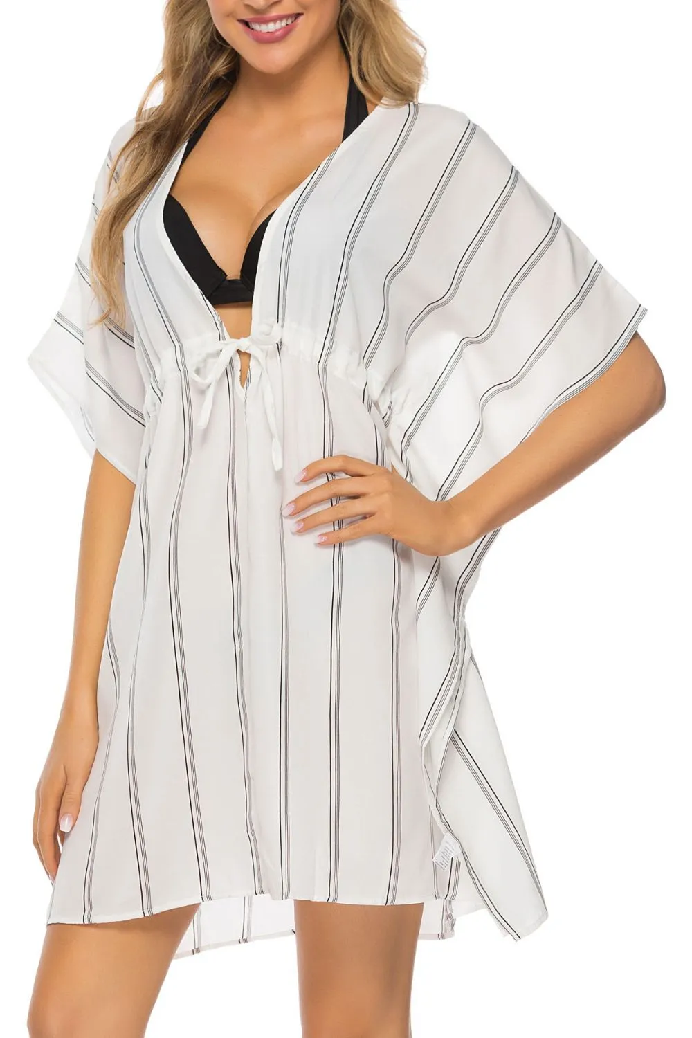 Drawstring Striped V-Neck Cover-Up, image 2